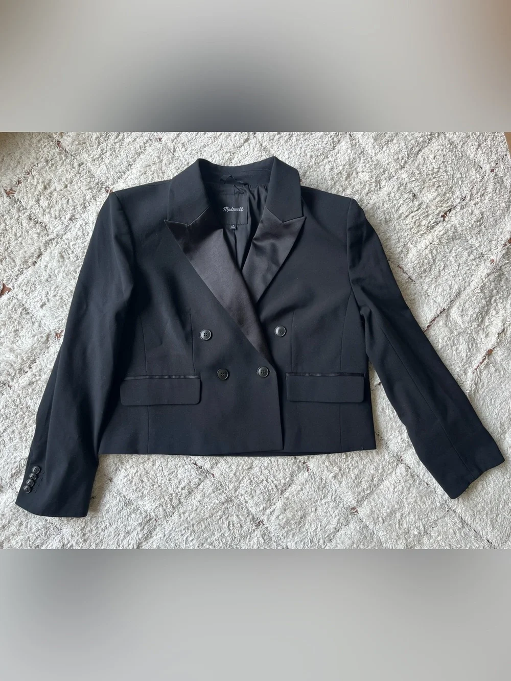 Madewell Black Double-Breasted Cropped Tuxedo Blazer, Size 8